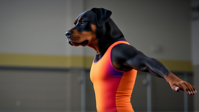Anthropomorphic Rottweiler wearing a vibrant gymnastics leotard, posing dynamically in a gym setting, detailed fur texture and realistic lighting