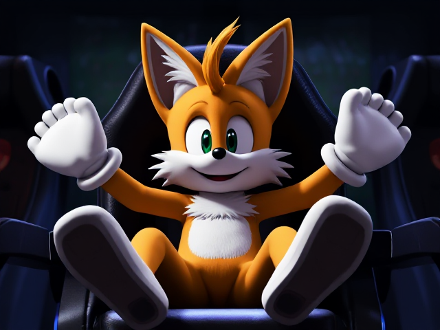 A close up of Tails the two tailed Fox siting in a gaming chair, Siting in a chair with both his legs and both hands in the air in the air, SEGA Video Game