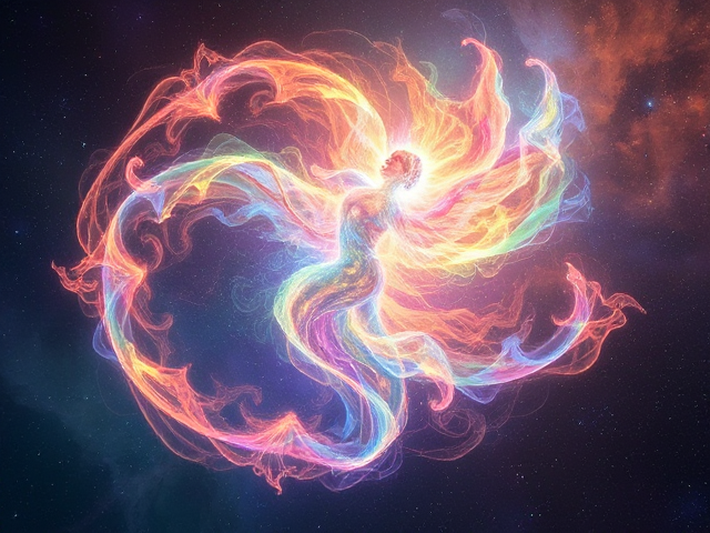 Imaginary ethereal being composed of swirling, radiant light with vibrant colors and intricate patterns, floating in a cosmic space background