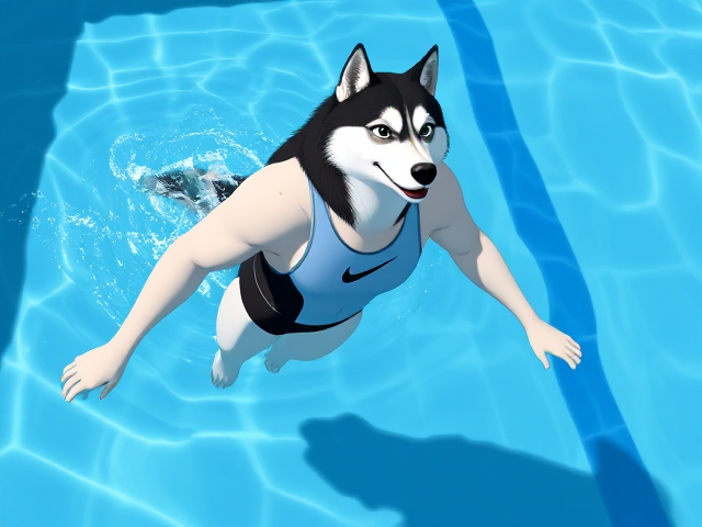 A tall anthropomorphic Siberian husky with a long torso and broad shoulders, wearing a high cut Nike one piece swimsuit while swimming in a Olympic sized pool
