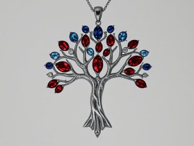 silver tree pendant necklace intricately crafted with exquisite detail, featuring vibrant red painite gemstones and shimmering blue sapphires in a symmetrical pattern, accompanied by dazzling diamonds set in an elegant and sophisticated design, soft ambient lighting highlighting the craftsmanship, macro focus capturing every facet and sparkle
