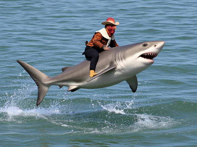 A stupid chicken wearing a cowboys outfit riding on the back of a happy bull shark who is jumping out of the water doing a flip