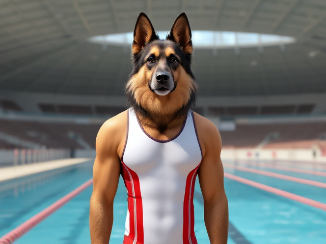 A tall anthropomorphic long-haired German shepherd Olympic swimmer with a long torso and broad shoulders, wearing a racing swimsuit and goggles while standing next to a Olympic-sized pool