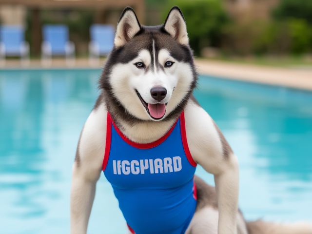 A anthropomorphic Siberian husky wearing a lifeguard swimsuit by a pool