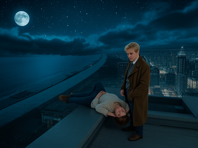A petite 12-year-old girl with strawberry blonde hair, wearing a cozy pullover and jeans, is lying on the roof ledge of a night club. She is on her back, gazing up at the night sky filled with stars. Next to her on the roof, standing nearby is a modern-day, pale skinned vampire in his late twenties, with striking blonde hair, dressed in a brown trench coat and jeans. He appears uneasy as he looks downward. A storm approaches the cityscape from the nearby shoreline.