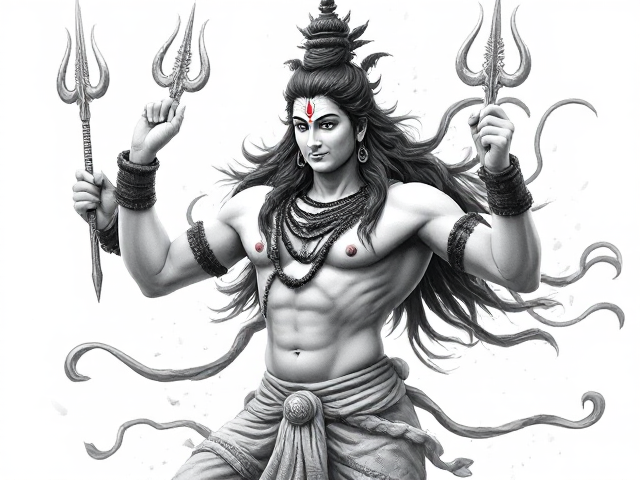 lord shiva muscular realistic  with trishul dancing 2d image drawing white color