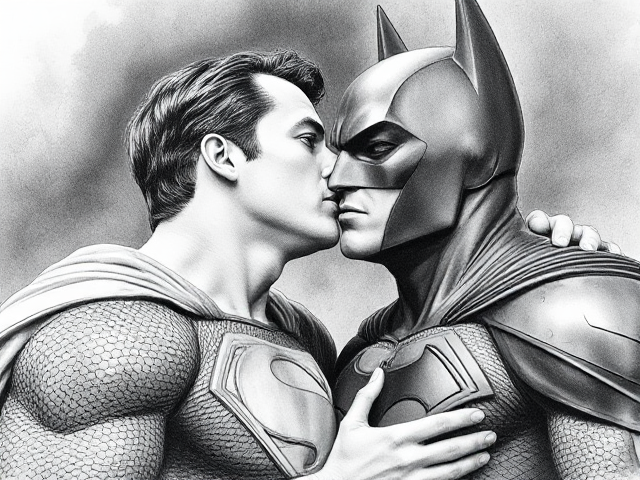 Superman kissing Batman on the cheek