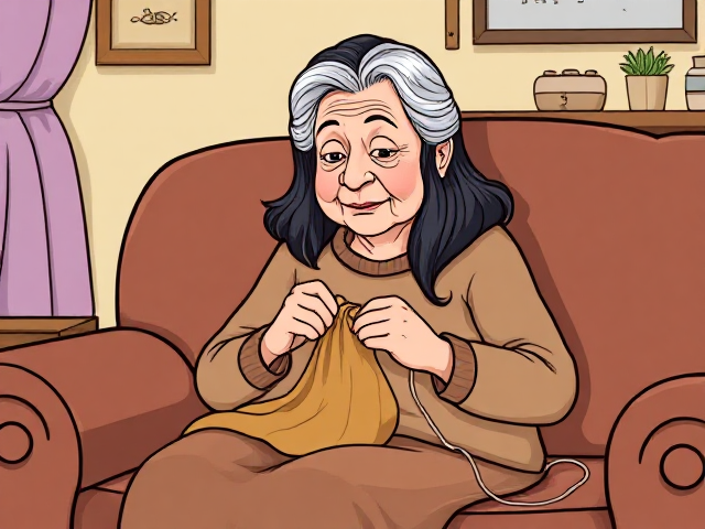 Draw a cartoon of an old lady with long dark hair sitting on a couch knitting