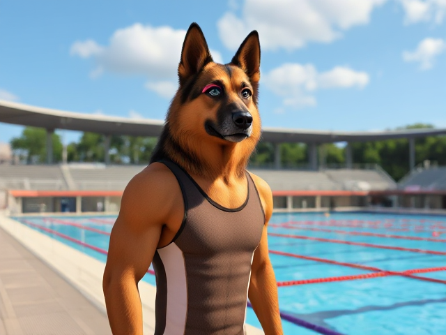 A tall and slender anthropomorphic long-haired German shepherd with a long torso and broad shoulders, wearing a racing swimsuit and swimming goggles while standing next to a Olympic-Sized swimming pool
