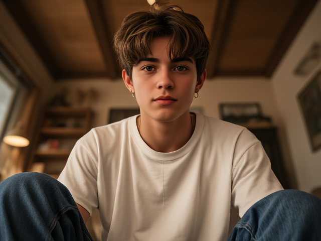 Sceencap of a Maori, European, 18 year old male, with greyish blue eyes, shaggy wavy hair, with wavy brown shaggy bangs, silver eyebrow piercing, and cross piercing on left ear, wearing a white baggy t-shirt, blue baggy jeans, and brown leather boots., wide angle, full body portrait
