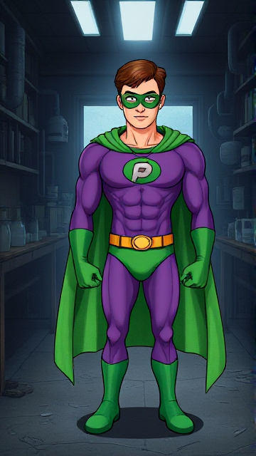 Dramatic Comic Book Cartoon scene: A young, Autistic 25-year old boy with light skin and flat, smooth, and slick brown hair named T.J. Granger, but transformed into a genetically-altered superhero named Powerman, who, despite still being a young adult kid, has an extremely muscular body. He wears a sleek purple suit with a green P symbol on his chest, a gold belt with a circular buckle, green briefs, green boots, green long-cuffed gloves, a really big, toe-length long, ultra-wide green cape wreathed around his neck, and a green eye mask that protects his true identity. He also has incredible and invincible superpowers flowing through his veins. In this scene, Powerman is currently standing in a dark, abandoned laboratory, looking for clues to the mystery he is trying to solve.