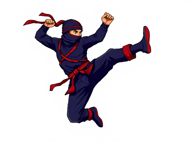 caroonish 8 bit ninja jump-kicking against a blank white background