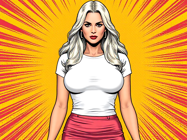 a woman aged 45, long white hair, wearing a  tight white t shirst and short skirt. she has large breasts.