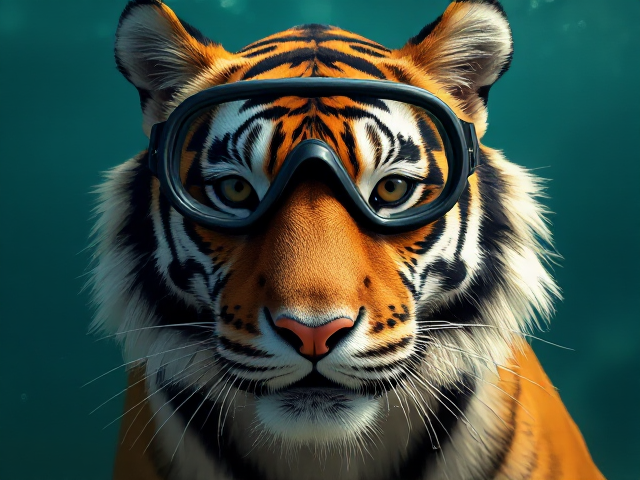 A tiger wearing Freediving goggles