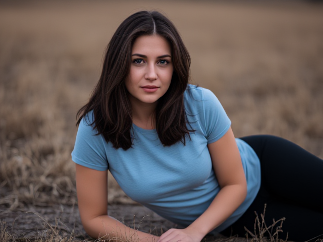 Woman with dark brown hair wearing a light blue t shirt and black yoga pants lying  eyes blank on the floor in a dark field