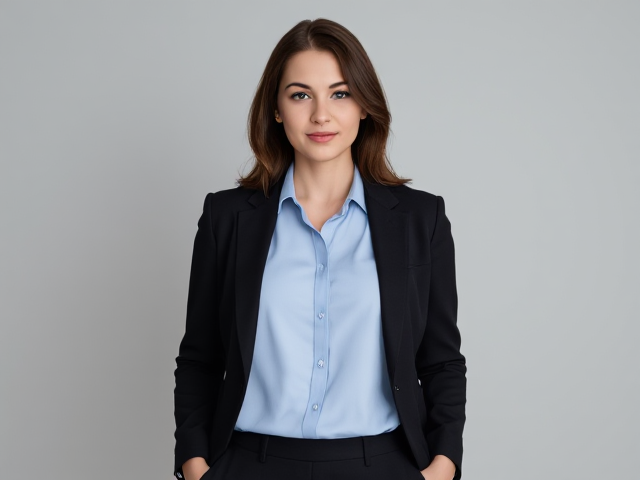 Brunette wearing a light blue blouse and a black suit full body view