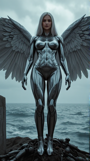 Une image cinématographique en contre plongée dans le style dark fantasy. Une femme ange cyborg aux traits métalliques qui scintille d'une beauté envoûtante. l'ange déchu aux long cheveux blancs, voluptueuse, taille fine, longues jambes et à la peau claire a Ses ailes partiellement endommagées qui se profilent derrière elle, projetant des ombres sur son visage. 50% humaine et 50% robot, Sa peau et ses éléments mécaniques fusionnent comme des coulées de métal fondus renforçant les formes de son corps parfait. Elle se tient triomphalement au sommet d'une falaise sur un tas d'adversaires vaincus. La mer et le ciel tumultueux en arrière-plan créent une ambiance intense et orageuse. Un éclairage doux et éthéré met en valeur l'angoisse et la force inhérentes de son visage.