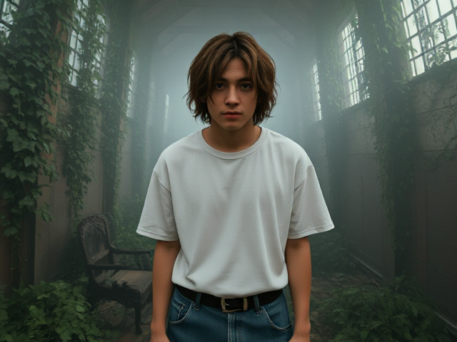 Sceencap of a Maori, European, 18 year old male, with greyish blue eyes, shaggy wavy hair, with wavy brown shaggy bangs, silver eyebrow piercing, and cross piercing on left ear, wearing a white baggy t-shirt, blue baggy jeans, and brown leather boots.