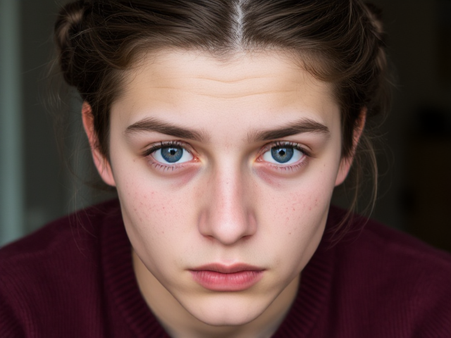 un adolecent qui porte un pull rouge bordeau, il a une tete allongé vers le haut et des yeux bleu, des cheveux bruns long  de  15 cmm et avec des noeuds, il a aussi un gros nez et des boutons d'acnée et une peau rugueuse et il a l'air fatigué avec des cernes