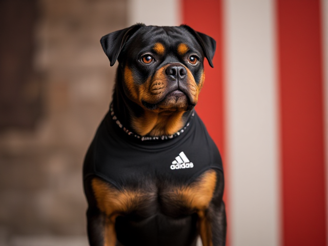 A anthropomorphic Rottweiler wearing an adidas swimsuit