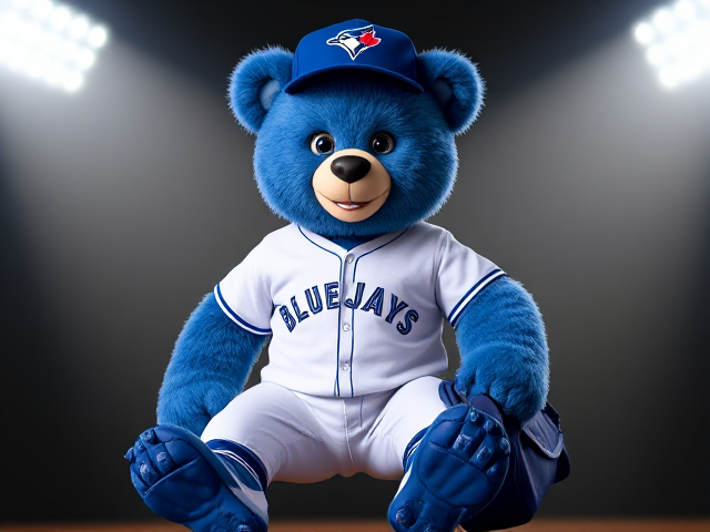 A human athletic teddy bear 5 feet 9 inches tall blue fur blue eyes wearing a blue baseball hat with a blue jay logo white v neck athletic shirt with blue jays written across the front in blue white baseball pants with blue piping down the sides blue baseball socks blue cleats smiling posing holding a blue baseball bag with white grip tape