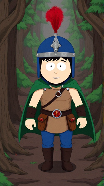 Dramatic South Park scene: Stan Marsh from South Park, light skin and black hair, but as a 14-Year Old teenager with a muscular torso, dressed as a medieval warrior, wearing a light brown tank top, a black belt with a red buckle adorned with a castle emblem with brown pouches and the scabbard for his enchanted sword attached to it, blue jeans, steel armored boots, jeweled wrist cuffs, a really big, heel-length long, ultra-wide green cape held up by two silver buttons with red jewels with a strong unbreakable wire connecting them both, and a blue helmet with buffalo emblems on both sides, outlined by silver steel rims going around and across the top, with a really long red feather sticking out at the top. He is now known as Sir Marsh. Despite still being a teenage kid, he is the Youngest Commander of the Zaronian Army, and one of the youngest and greatest heroes hailing from South Park, Colorado, but now reborn as the real life Kingdom of Kupa Keep, Zaron. In this scene, the young teenage hero is currently walking through a dark forest, traversing a dangerous bramble maze as he searches for the way out.