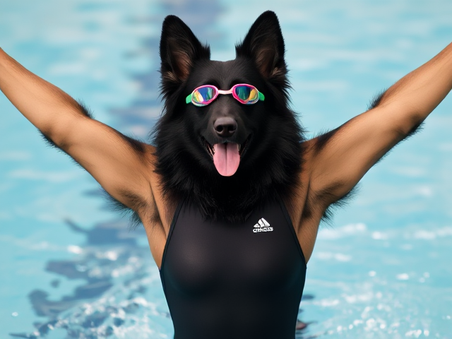 A tall anthropomorphic long haired black German shepherd wearing an adidas swimsuit and swimming goggles stretching her arms out straight into the air before a swim