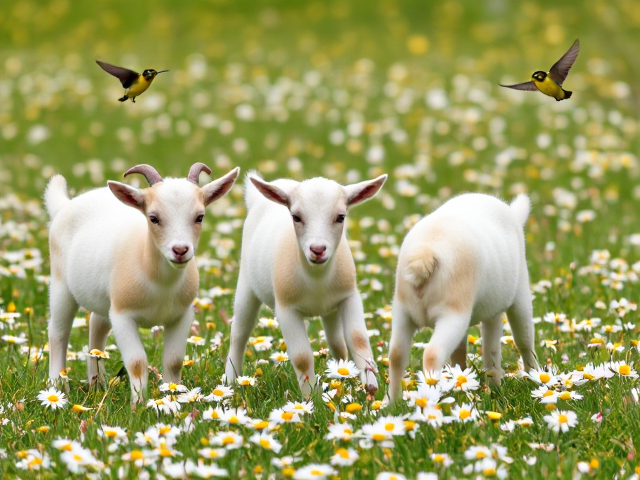 Create an image of 3 baby pygmy goats playing in a field of daisies with honeyeater birds flying around