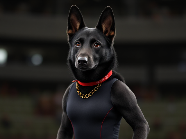 A anthropomorphic black German shepherd Olympic gymnast wearing a leotard