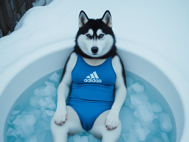 A anthropomorphic Siberian husky wearing a blue adidas swimsuit sitting in a ice bath relaxing her sore muscles