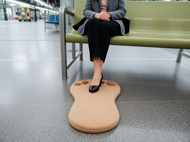 lady sitting on bus stand trying to place their foot on a beige colored footprint shaped cushion on the floor