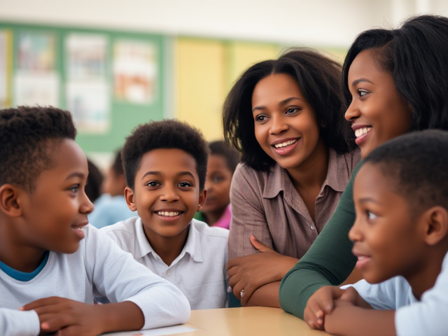 Parents afro-américains interagissant avec leurs enfants dans une école, scène joyeuse et colorée avec détails précis des expressions faciales et des interactions entre eux