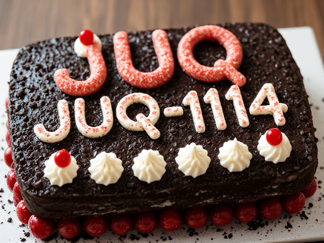 black forest gateau cake spelling out the words "JUQ-114", tasty, food photography