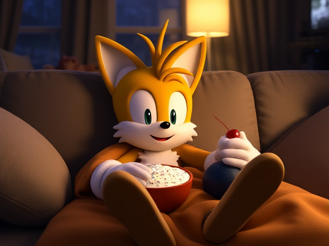Miles Tails Prower, the anthropomorphic two-tailed fox from the Sonic the Hedgehog game franchise, laying comfortably under a warm blanket on a cozy couch in his house at night, surrounded by soft pillows and plush toys, watching movies on his TV with a soft glow illuminating the room, while enjoying a big bowl of vanilla ice cream with sprinkles and a cherry on top, the soft light from the TV reflecting back onto Tails' face, highlighting his joyful expression