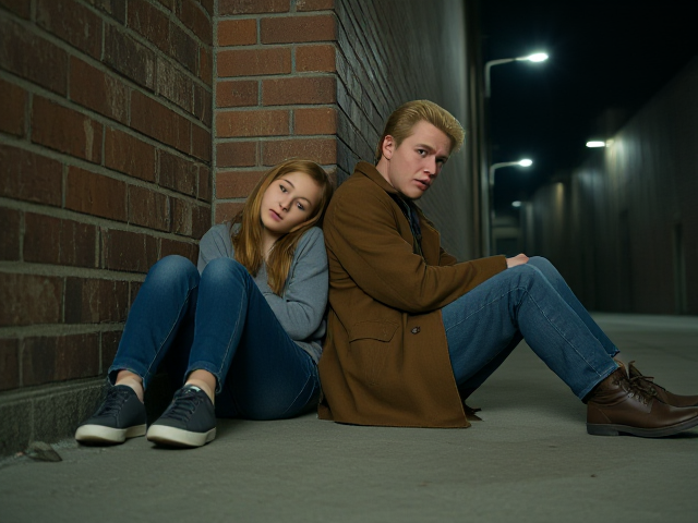 a petite, 13-year-old girl with strawberry blonde hair, wearing jeans and a hooded pullover, sits slumped with her back against a brick wall, feet forward, legs outstretched. Next to her sits a modern-day male vampire, 28 years old, with pale skin and blonde hair, dressed in jeans and a brown trenchcoat. The vampire is slumped against the wall as well, feet forwards, legs outstretched. The girl has a forlorn look and rests her head on the vampire's shoulder. Set at night in an abandoned warehouse, in a holding room with no windows. The vampire is roughed up from a fight. Both have their backs against the wall. 
The vampire looks straight ahead, worried..