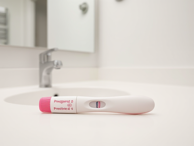 Positive pregnancy test on a white bathroom counter, with a silver sink, and a mirror