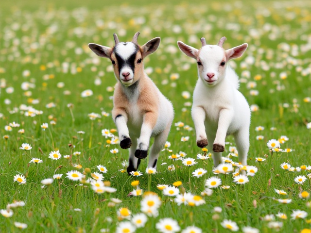 Create a wallpaper image for my face book page of baby Pygmy Goats jumping and playing in a field of daisies.
