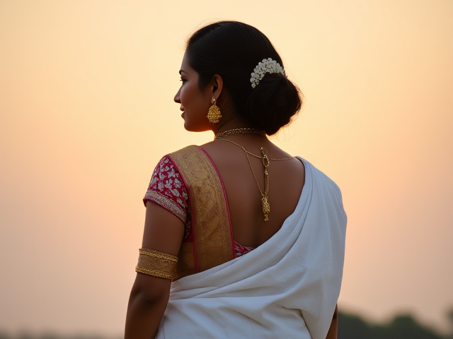 Indian woman dressed in a white saree and gold traditional jewelry with her back turned