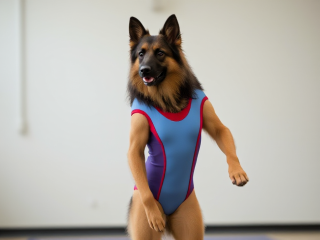 Anthropomorphic long haired German shepherd wearing a colorful gymnastics leotard, showcasing its athletic form and poise, set against a simple gymnasium background