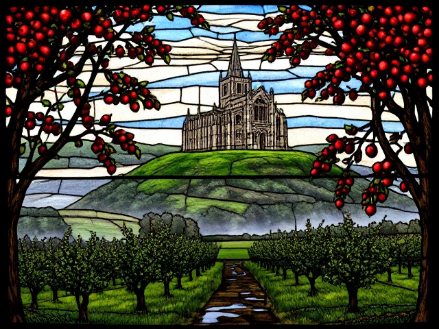 A medieval stained glass of Glastonbury Abbey on the Tor surrounded by an apple orchard and misty marshes.
