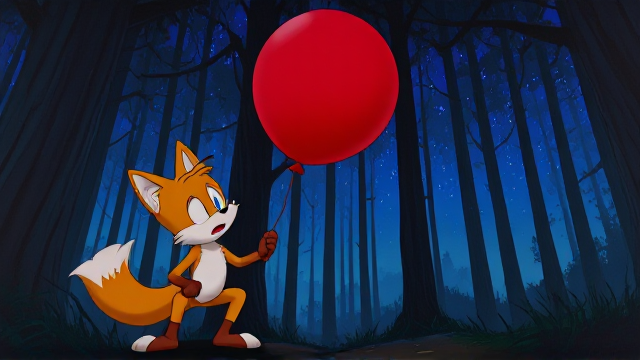 Tails the Fox gets very scared in the dark spooky forest holding a big red rubber balloon with his knees touching inwards SEGA Video Game