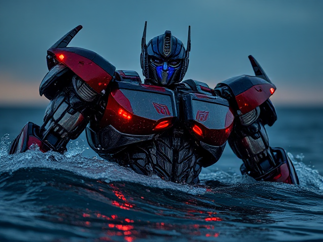Lifelike Optimus prime rising from the ocean