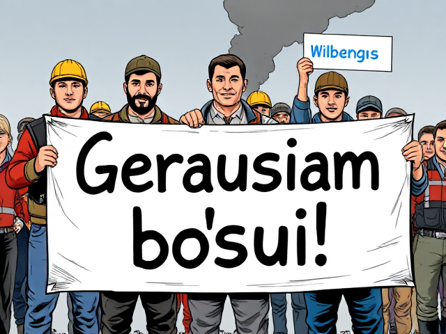 image in which group of workers are holdings big sign in which is writen this text: Geriausiam bosui! Few worker in back are holding smaller signt with blue text: Wilbergs. Style comic book