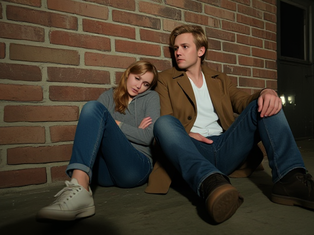 a petite, 13-year-old girl with strawberry blonde hair, wearing jeans and a hooded pullover, sits slumped with her back against a brick wall, feet forward, legs outstretched. Next to her sits a modern-day male vampire, 28 years old, with pale skin and blonde hair, dressed in jeans and a brown trenchcoat. The vampire is slumped against the wall as well, feet forwards, legs outstretched. The girl has a forlorn look and rests her head on the vampire's shoulder. Set at night in an abandoned warehouse, in a holding room with no windows. The vampire is roughed up from a fight. Both have their backs against the wall. 
The vampire looks straight ahead, worried.. they're in a locked room. Seen through a window in the door. Legs outstretched flat on the ground.