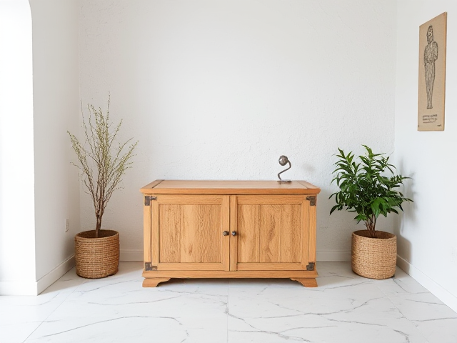 Je veux une image d'un coffre en bois dans une petite pièce entièrement blanche avec sol en marbre et moulure au mur