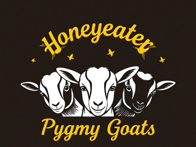 Draw a logo with three baby goats' faces and three honeyeater birds flying around them with the word "Honeyeater" above the goats and "Pygmy Goats" below the goats. Text is arched, cursive and yellow.