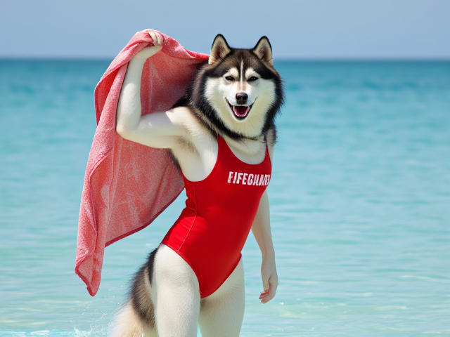 A tall anthropomorphic alaskan malamute  wearing a red lifeguard one piece swimsuit drying off with a towel