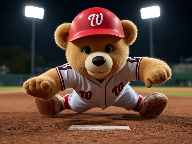 thin athletic human teddy bear 5 feet 5 inches tall  creme fur green eyes wearing a nationals uniform red helmet with a white letter N logo white jersey with Nats written across the front in navy and red white baseball pants with red and navy piping down the sides red baseball socks navy and red baseball cleats diving headfirst on the dirt into second base on a minor league baseball field