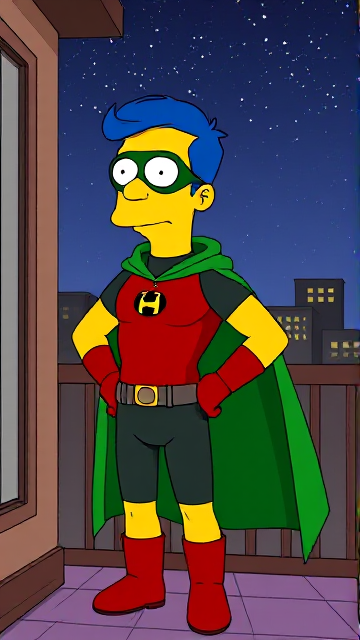Cartoon scene: Milhouse Van Houten from The Simpsons, with his yellow skin, really big round nose, and blue hair that's slicked back and curled up at the top, but as a tall, 18-year old teenager, dressed as a parody of Robin, The Boy Wonder, with an extremely muscular body, a dark green bodysuit with a red torso adorned with a green H symbol on his chest, a grey utility belt, red boots, red long-cuffed gloves, a big, heel-length long, ultra-wide green cape wreathed around his neck held up by a silver triangular button, and a green eye mask with optical lenses in it, now known as Houseboy, The Nerd Wonder, the other half of Springfield's Dynamic Duo, and one of the greatest vigilante superheroes ever known in Springfield. The teenage vigilante hero is currently standing on his bedroom balcony at night as he gazes up to the starry skies, wondering what his true destiny is.