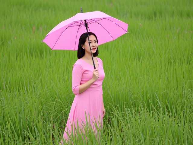 A pink dressed lady with a pink umbrella in all green grass